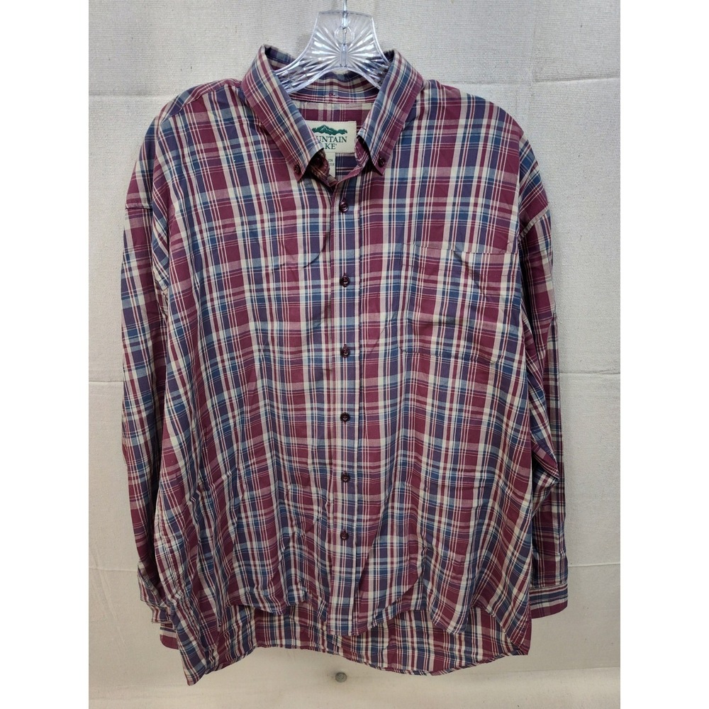 Mountain Lake Mens Large‎ Plaid Button Down Shirt Burgundy Navy Blue Long Sleeve